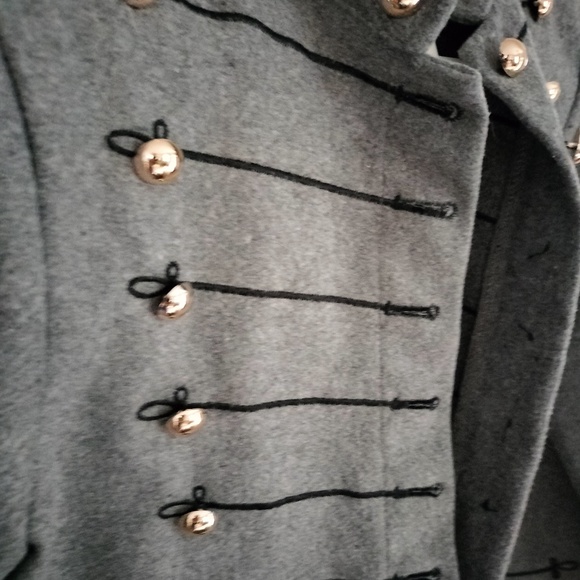 Dressy gray blazer with black rope detail and brass colored buttons and tails. - Picture 3 of 5